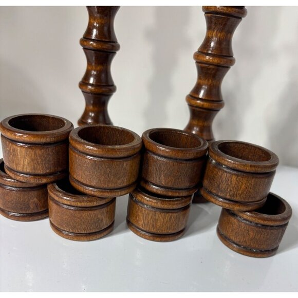 Vtg Wooden Candlestick Holders & 8 Napkin Rings Built In Set Unique - Picture 5 of 8